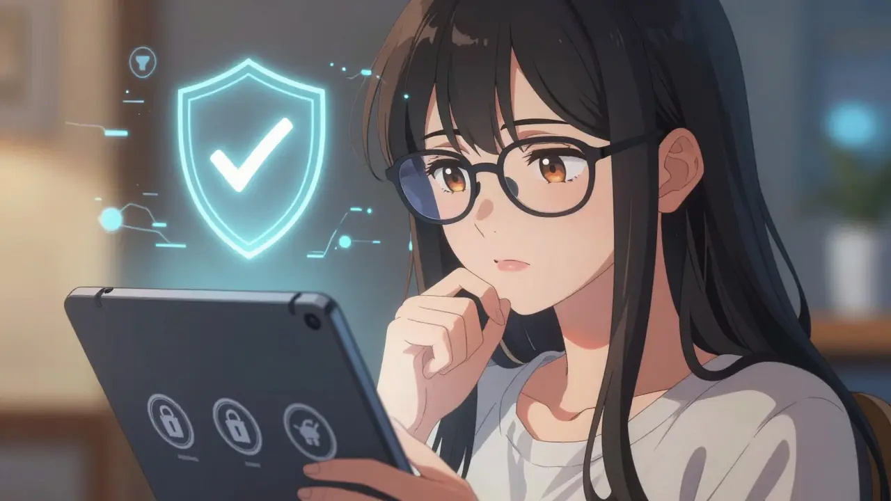 Anime woman verifying online pharmacy safety seals