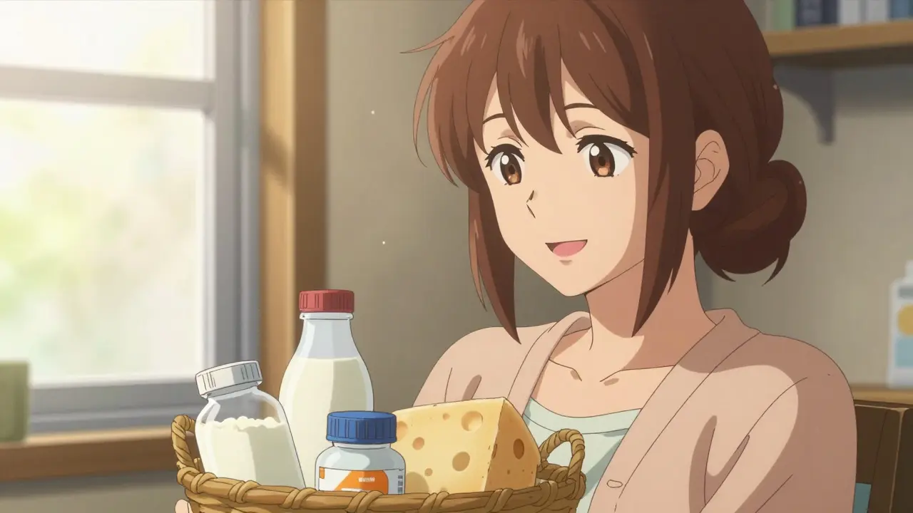 Anime woman with dairy and vitamins in warm sunlight