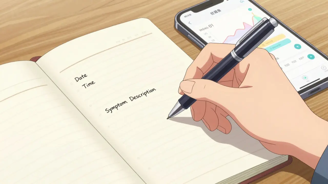 Close-up of hand writing in a symptom log next to a phone