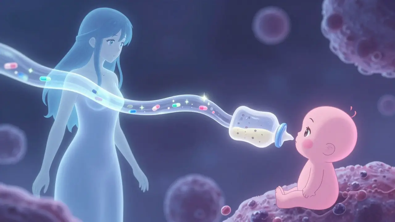 Conceptual anime art showing safe medication transfer from mom to baby