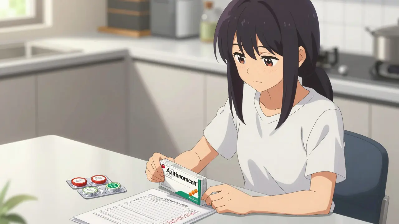 Confident woman checking safe generic antibiotic package at home