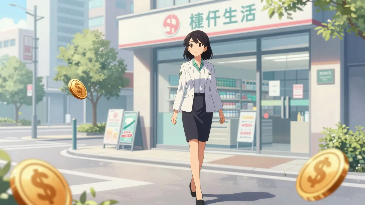Confident woman walking toward a local pharmacy store