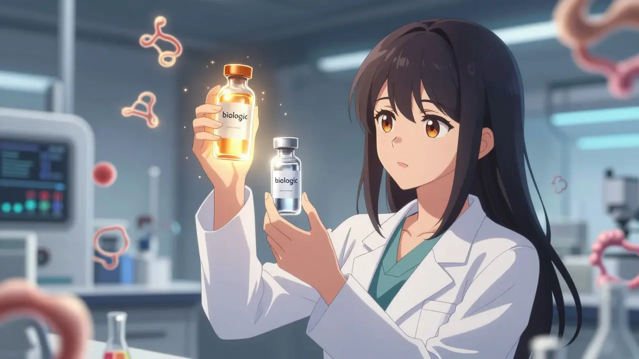 Female scientist comparing brand and biosimilar drug vials