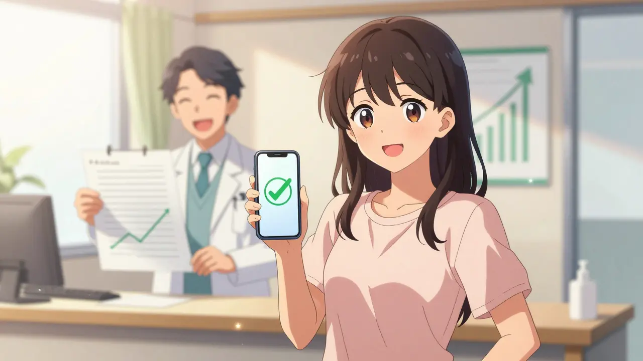 Happy anime woman using phone app in bright clinic with doctor
