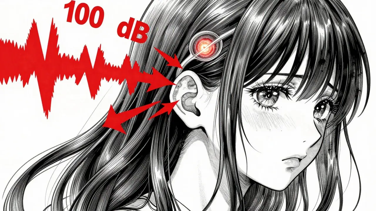 Manga illustration of sound waves damaging inner ear cells