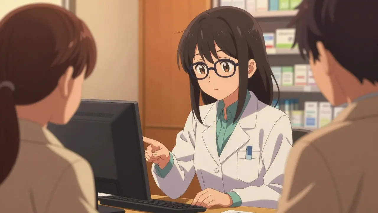 Pharmacist explaining drug safety info to patient in anime style