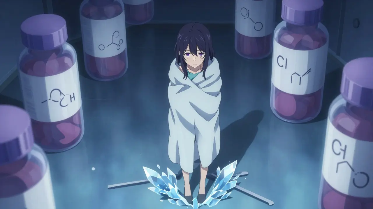 Tired anime woman in blue lab setting with looming pill bottles