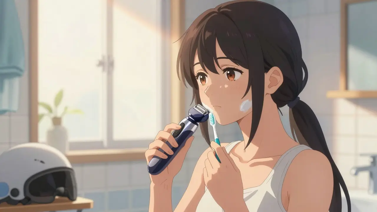 Woman using electric razor and soft toothbrush, practicing safe hygiene habits.