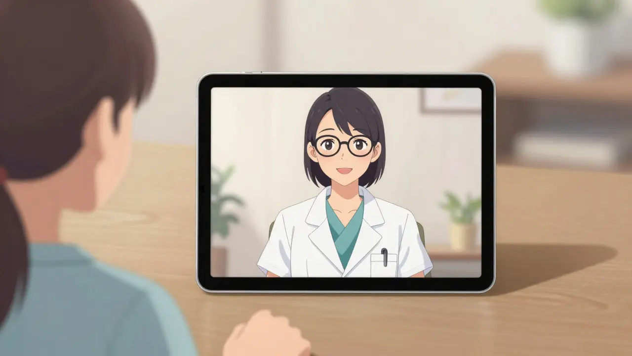 Anime doctor smiling during safe online telehealth video call