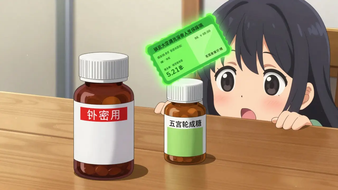 Anime illustration comparing expensive brand drug vs cheap generic with coupon