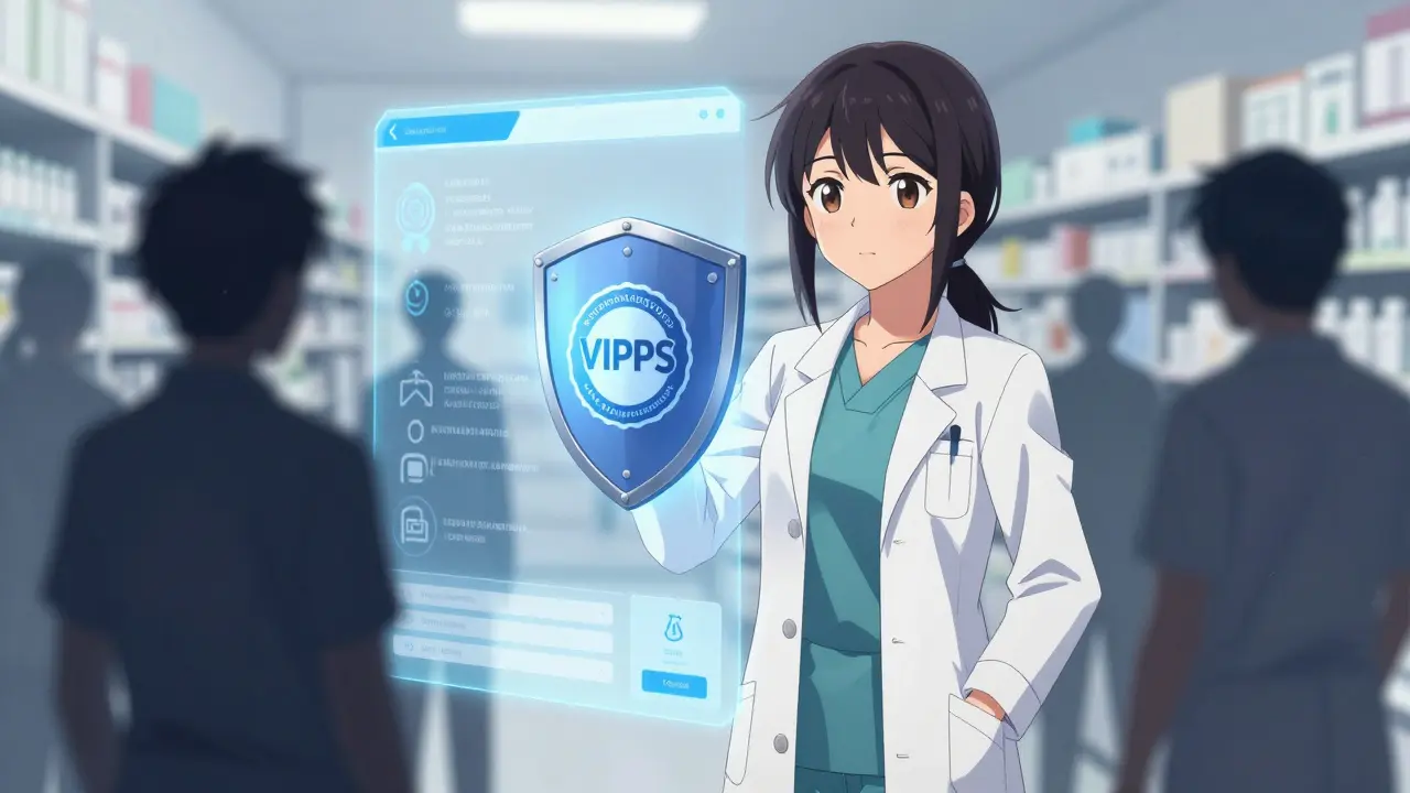 Anime pharmacist protecting user from fake online pharmacies with security seal