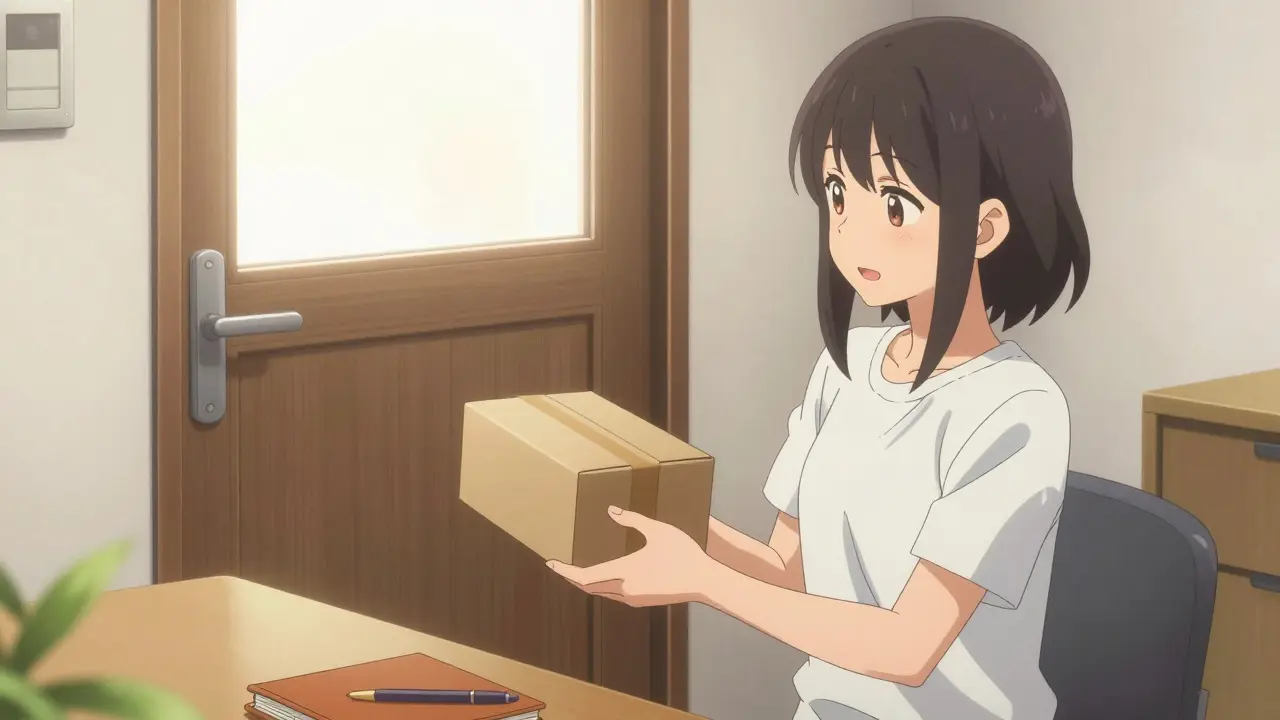 Anime woman happily receiving medication delivery package