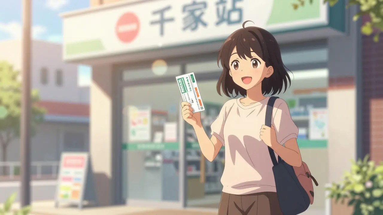 Anime woman smiling while holding coupon outside pharmacy