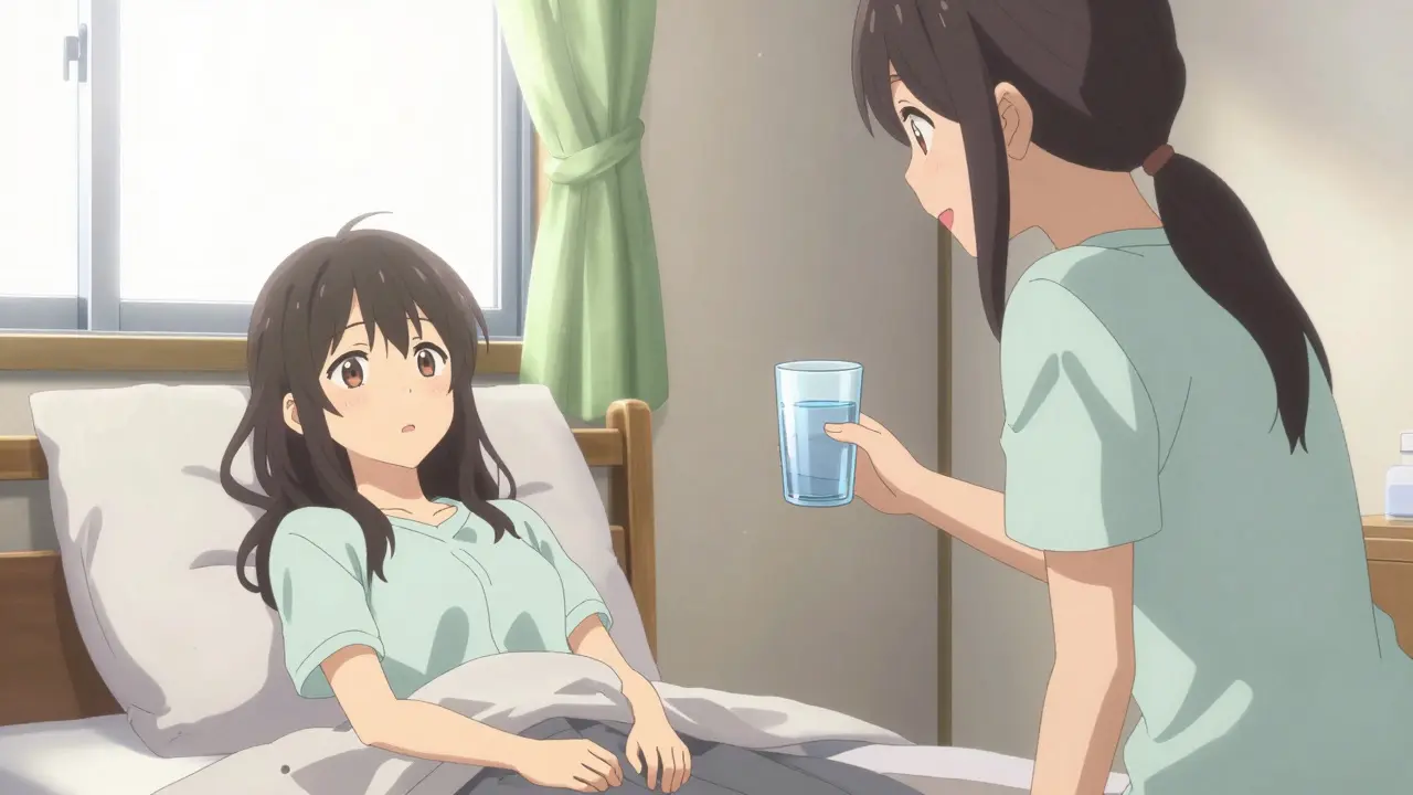 Awake anime woman recovering with support from caregiver