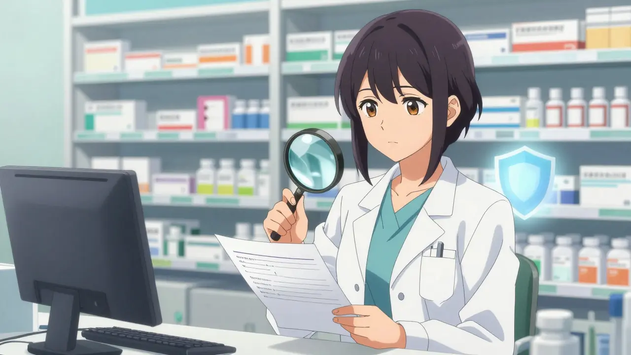 Bishoujo pharmacist verifying prescription for safe medication
