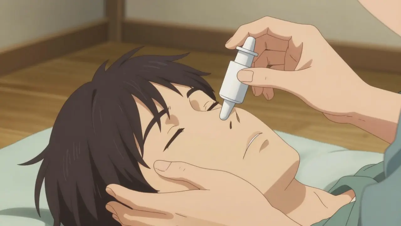 Close up of hands administering nasal naloxone spray to patient