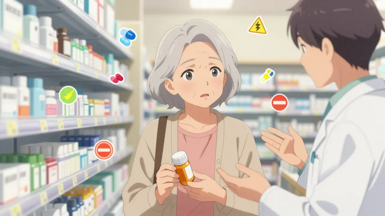 Elderly woman consulting pharmacist about meds