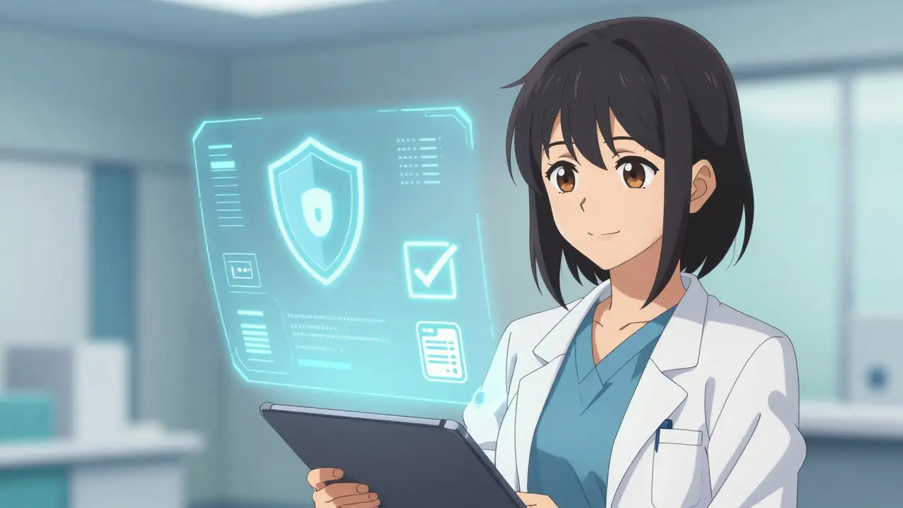 Friendly female doctor on digital screen with safety check icons