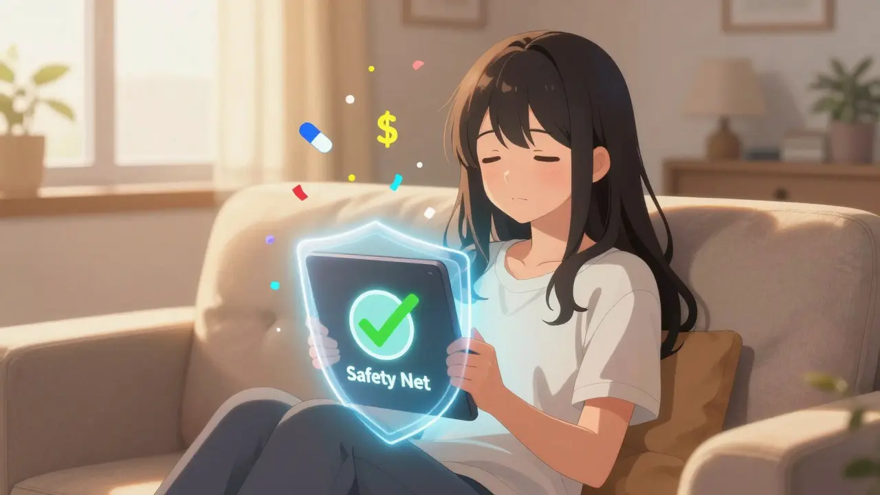Relieved anime woman protected by a safety net shield against medical costs.