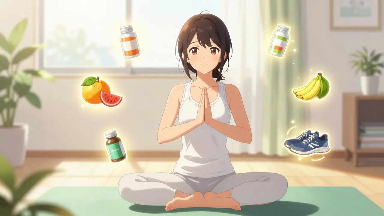 Serene anime woman doing yoga with healthy lifestyle icons