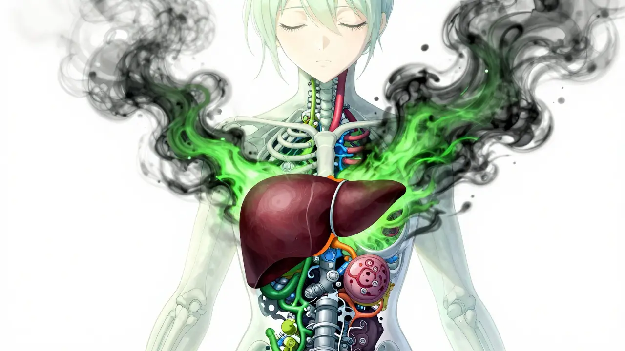 Stylized liver absorbing toxic smoke inside body