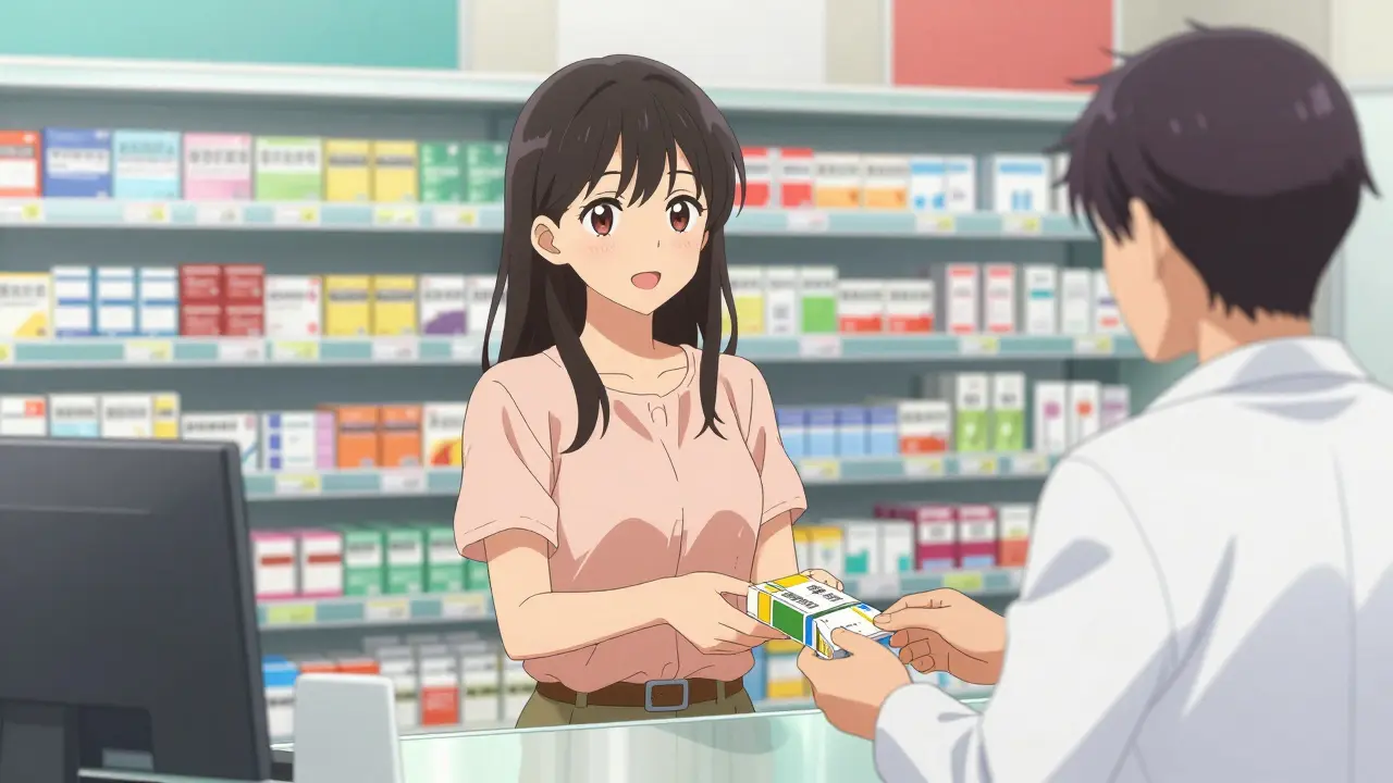 Woman picking up medication at pharmacy with discount coupon