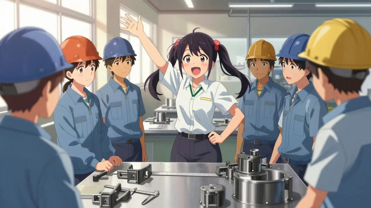 Anime instructor teaching quality control to trainees