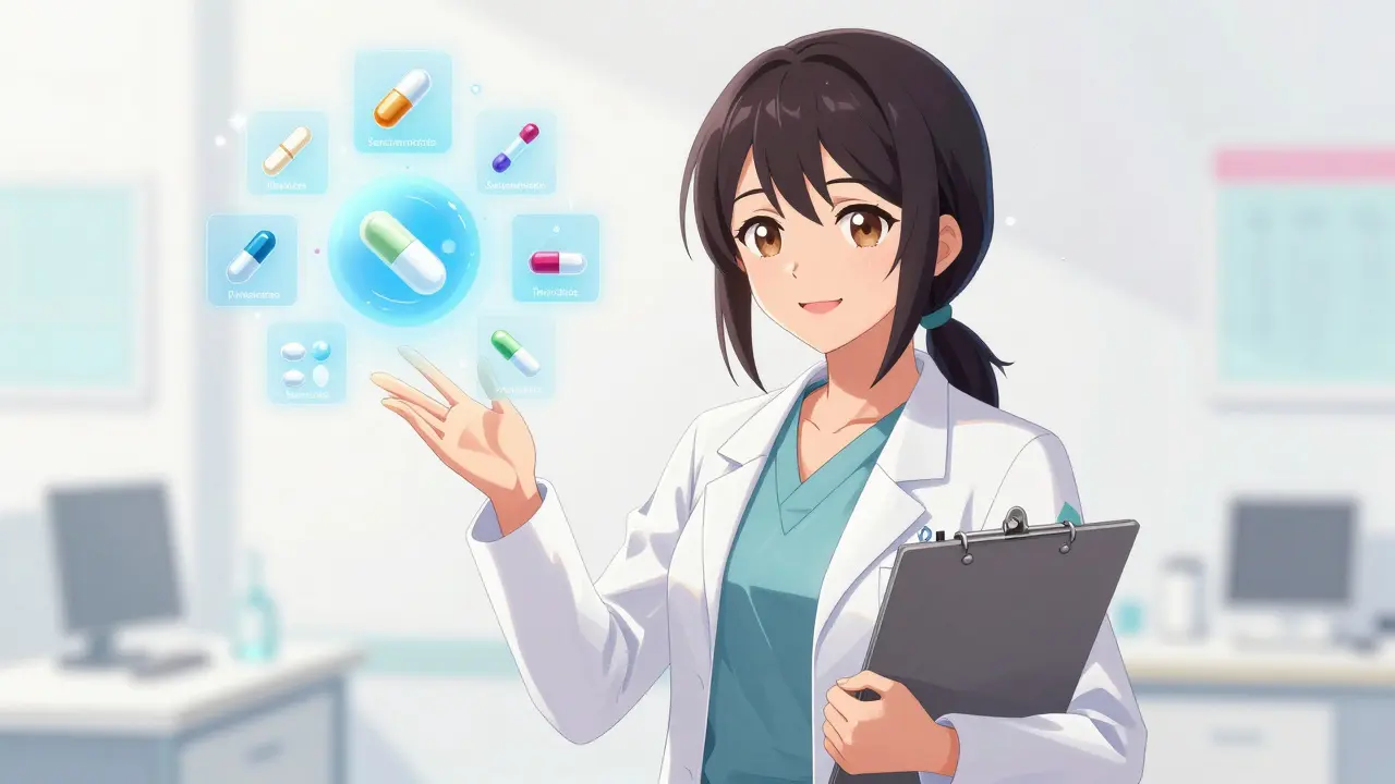 Anime pharmacist explaining antiemetic options with icons