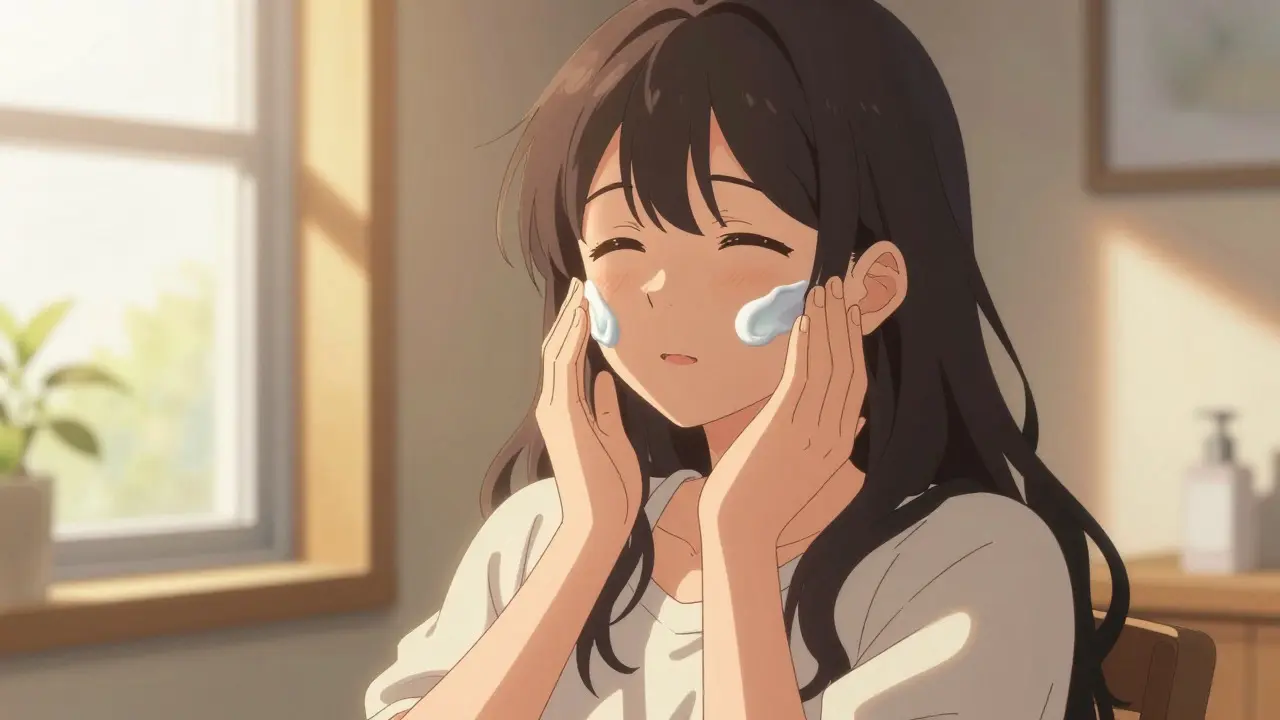 Anime woman applying moisturizer to heal damaged skin in warm sunlight.