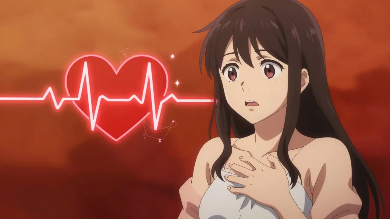 Anime woman clutching chest with heart rhythm warning