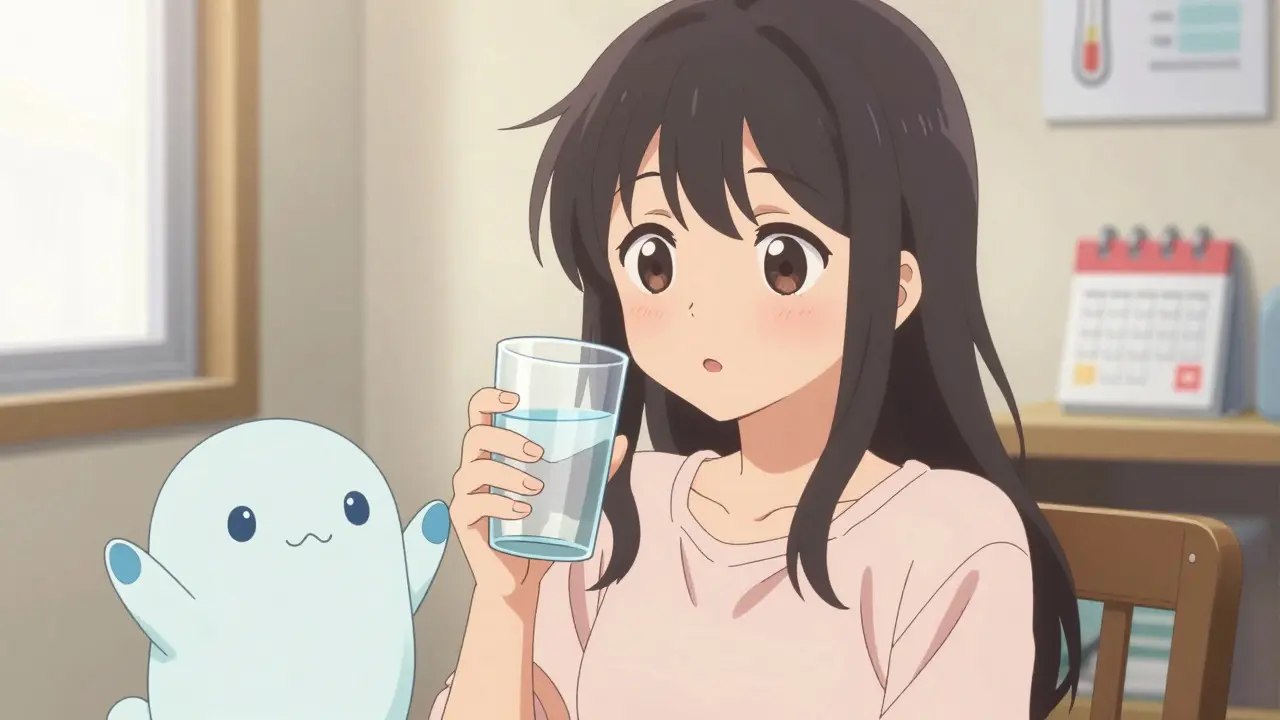 Bishoujo anime girl drinking water with cute health mascot