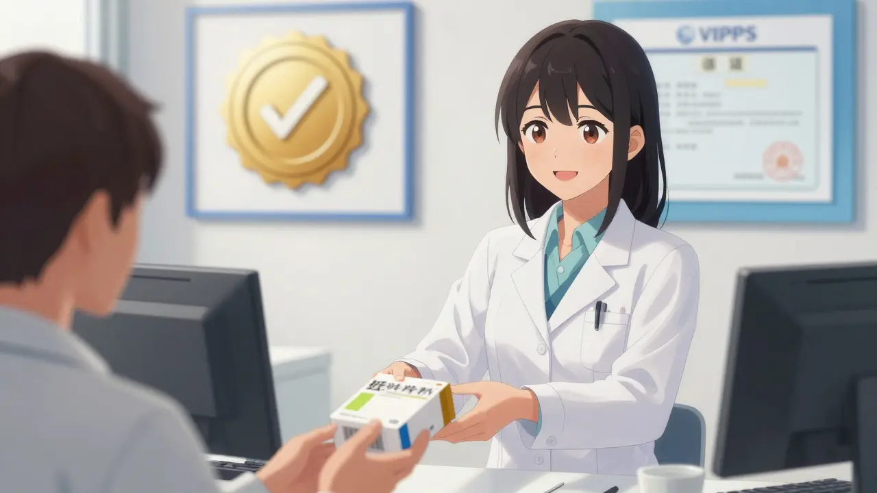Bishoujo pharmacist handing out safe, certified medication package