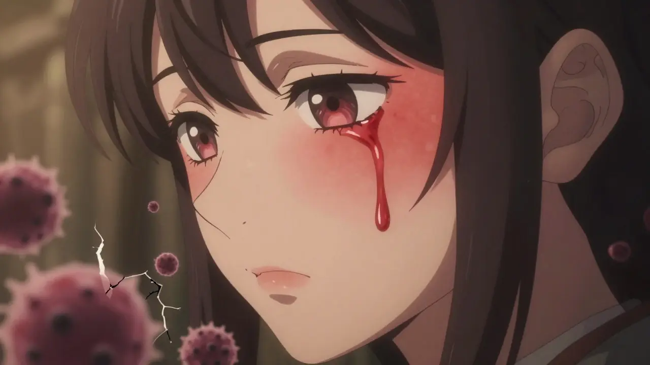 Close-up of inflamed skin with abstract representation of infection in anime style.