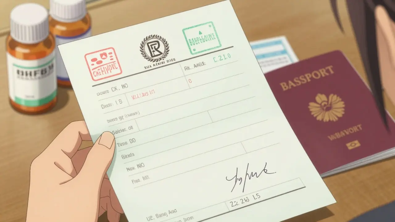 Close-up of travel medical documents and pill bottles in anime style