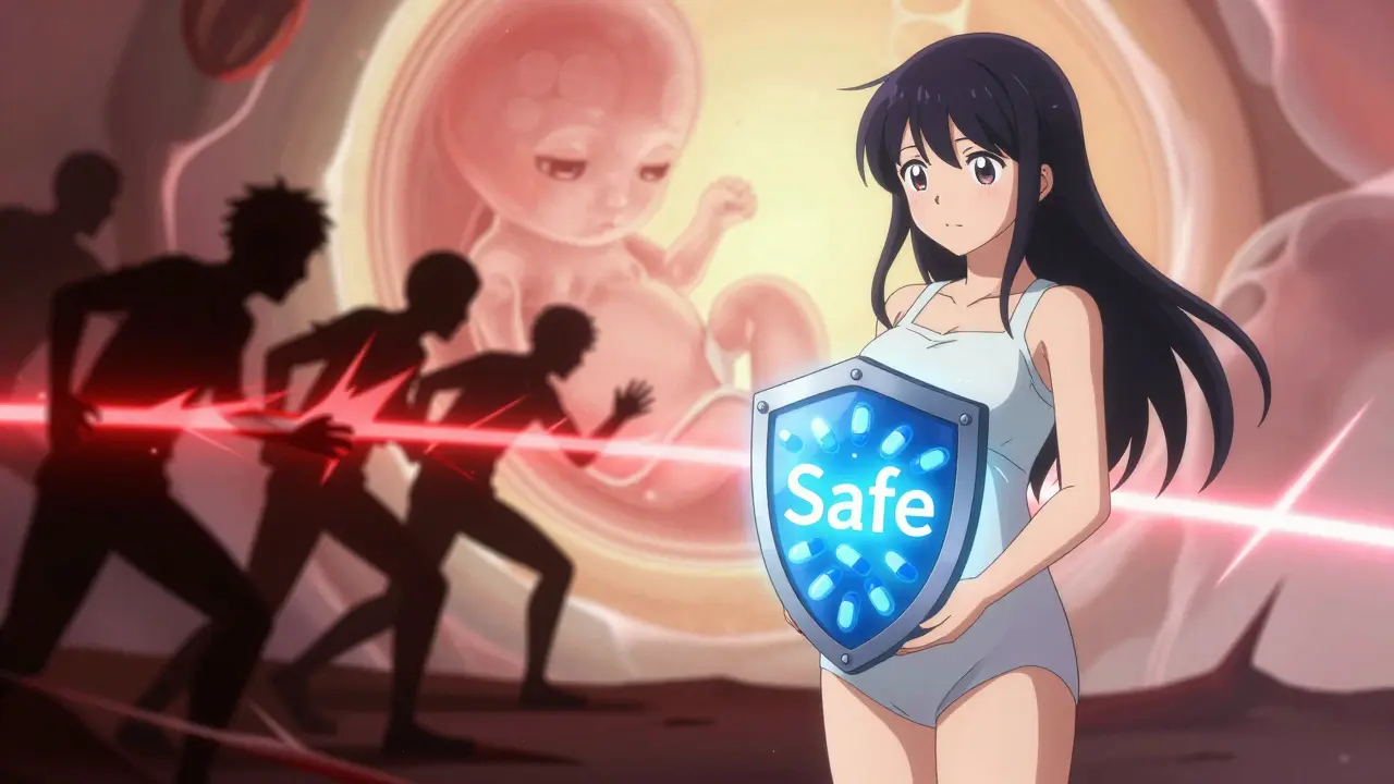 Conceptual art showing safe meds protecting embryo