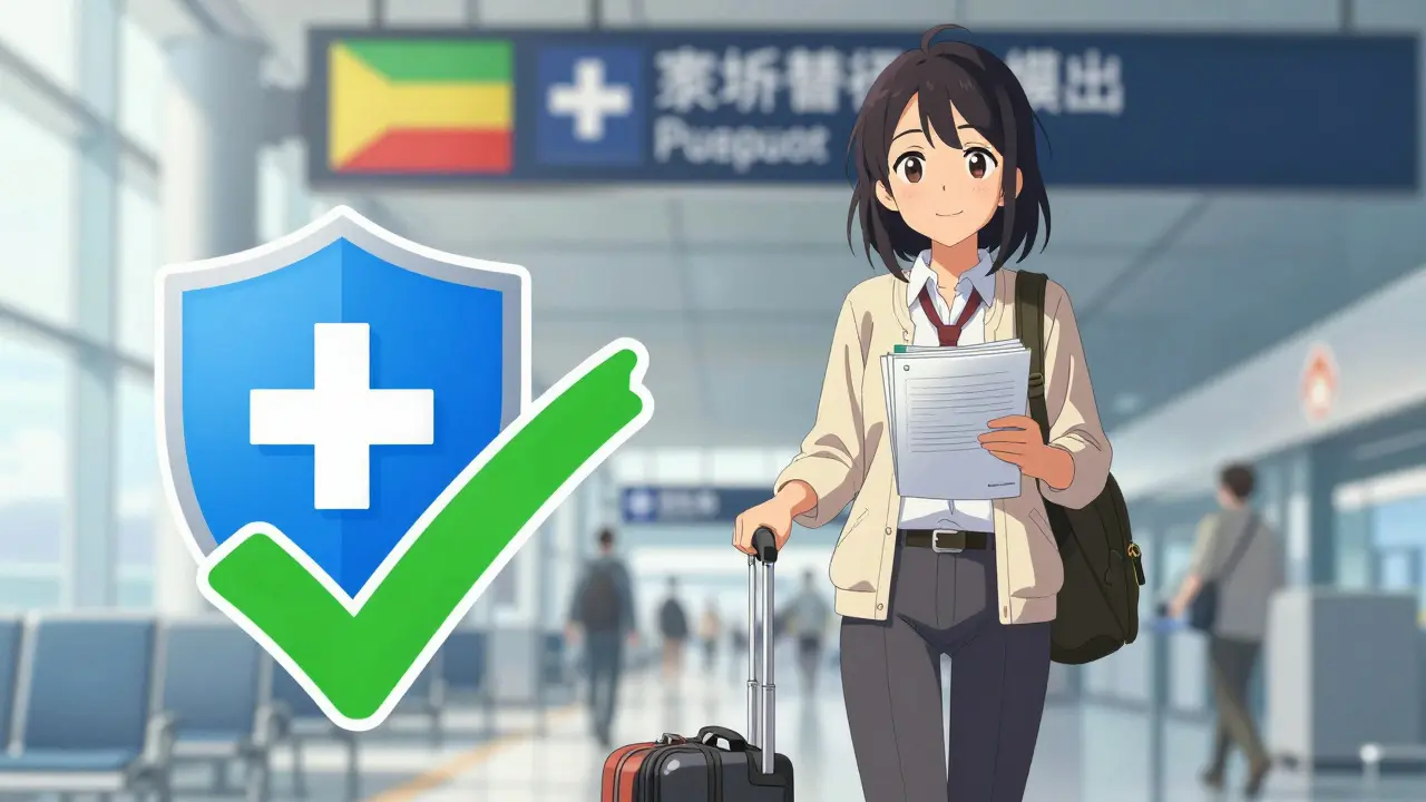 Confident anime traveler with carry-on bag and medical papers
