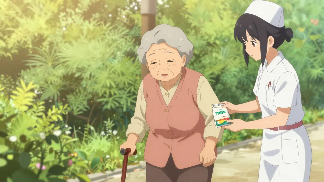 Elderly woman receiving safety supplies from a nurse in a garden