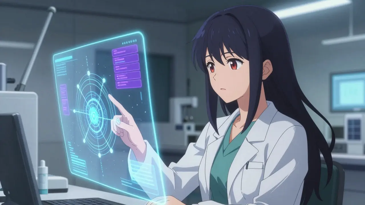 Female scientist analyzing digital health data streams
