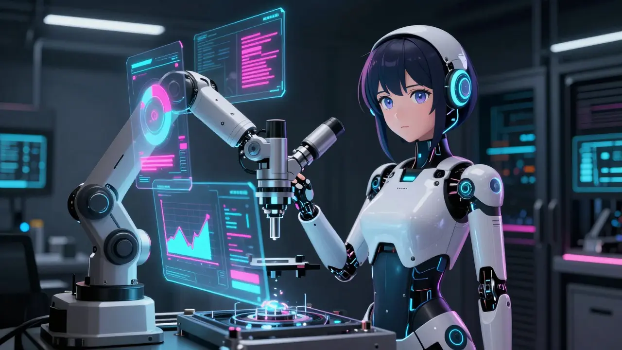 Futuristic AI robot inspecting products with holograms