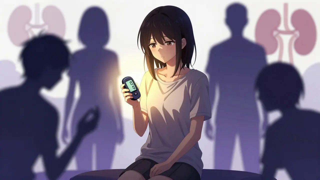 Girl holding glucose monitor with abstract hypoglycemia shadows