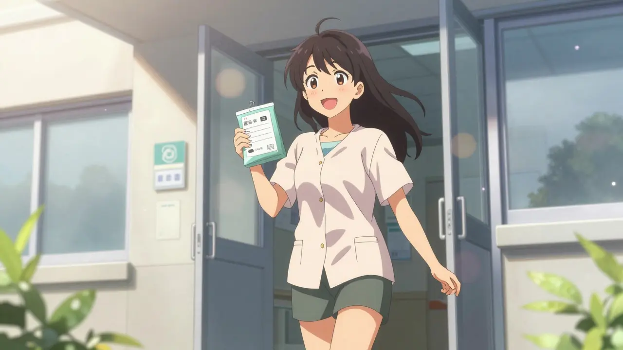 Happy anime woman recovering after gallbladder surgery