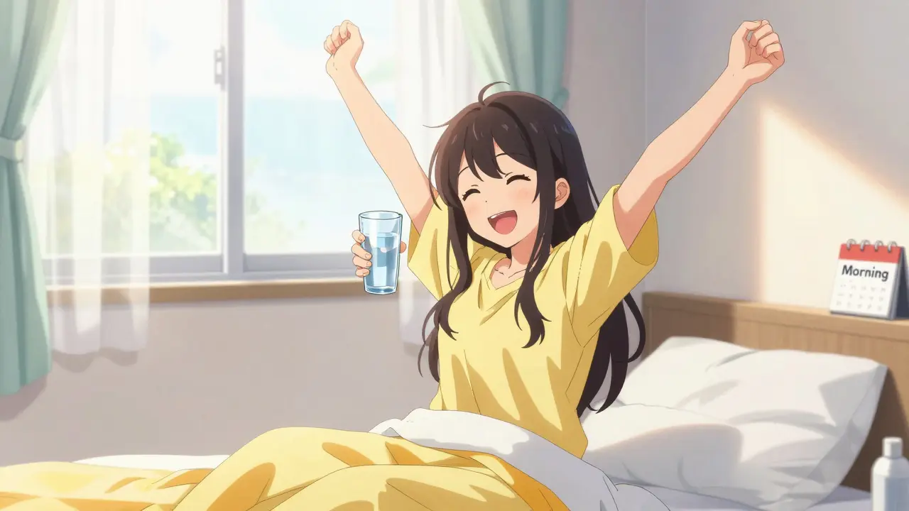 Happy anime woman starting her day with morning medication and water