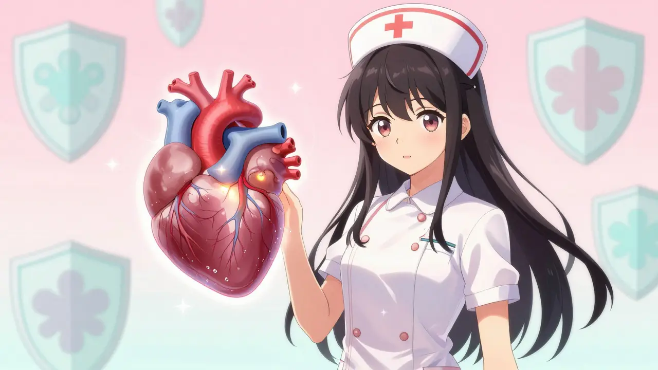 Manga style woman with glowing heart and kidney protection graphics