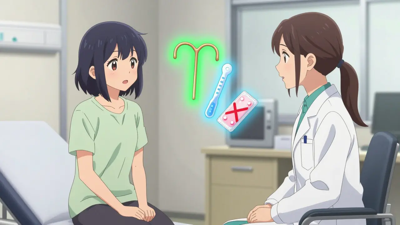 Patient and doctor discussing IUD options with floating method icons