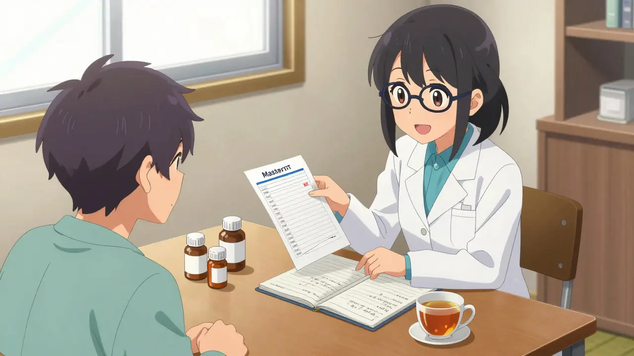 Pharmacist reviewing meds with patient