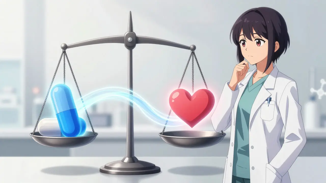Stylized anime doctor observing a balance scale with medicine and heart symbols.