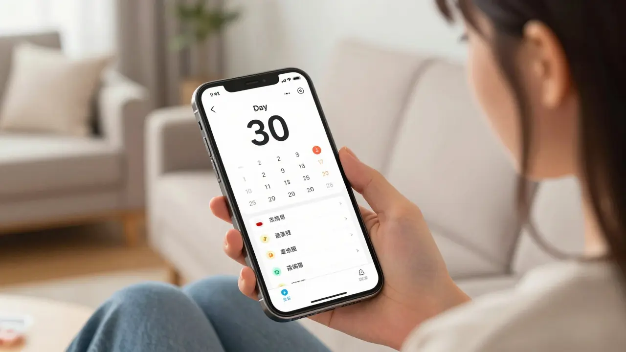 Woman checking med app on phone