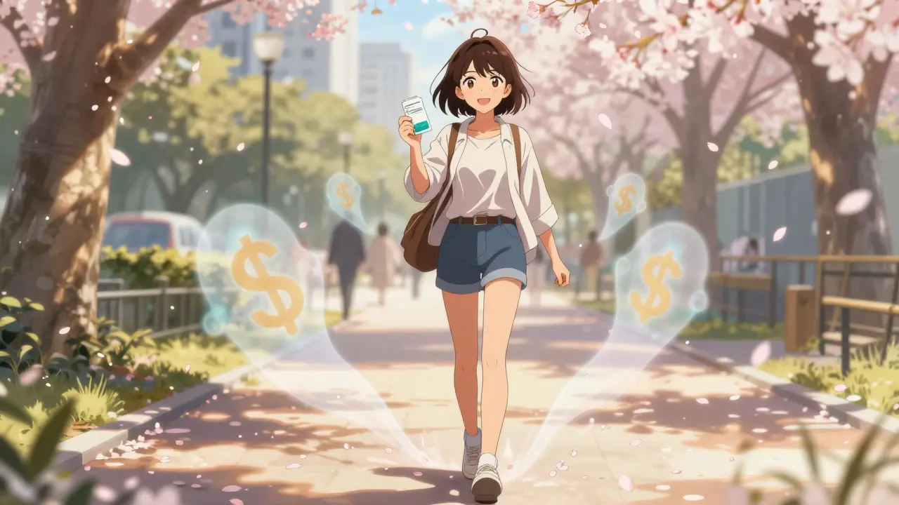 An anime girl holding generic medication in a sunny park, surrounded by fading dollar signs and blossoms.