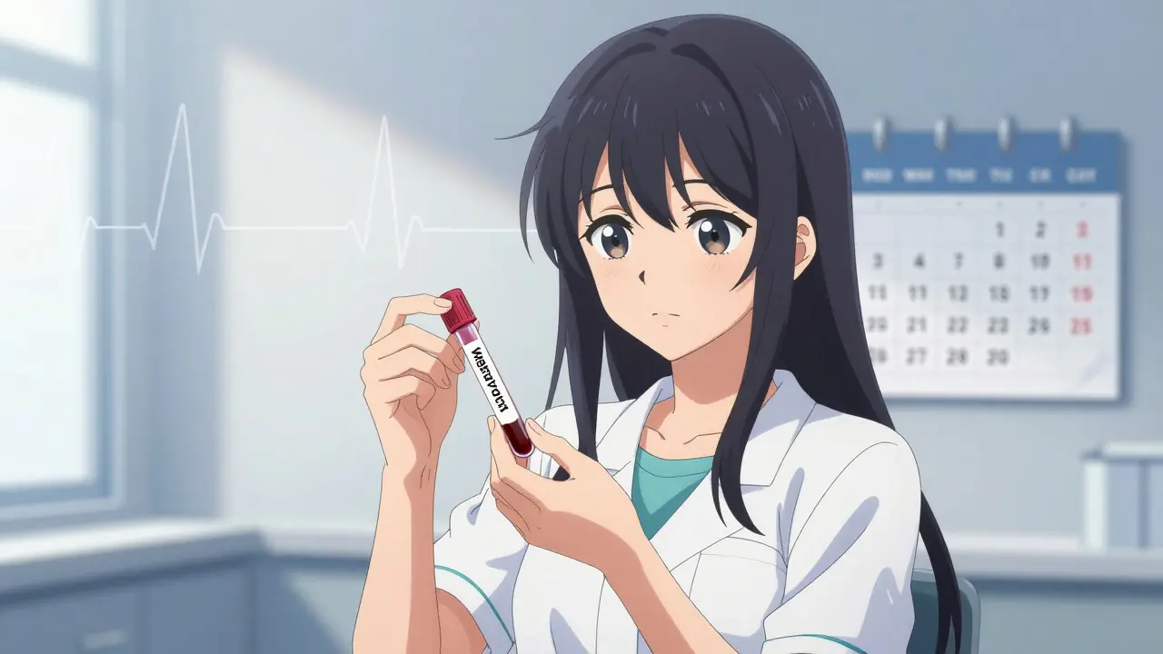 Anime character holding a blood test tube with health monitoring symbols