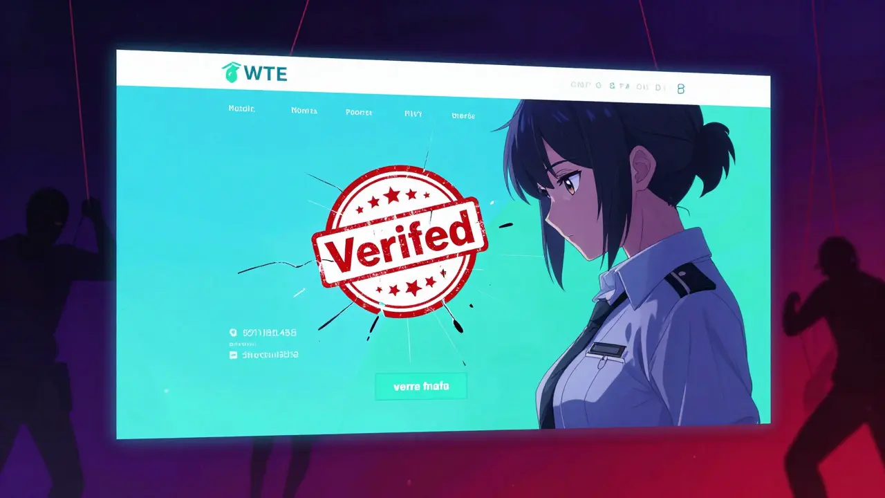 Anime detective exposing a fake verification seal on a shady pharmacy site.